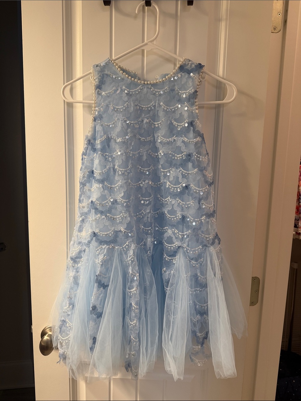 Girls' Pale Blue Sequin & Tulle Formal Dress with Pearl Trim